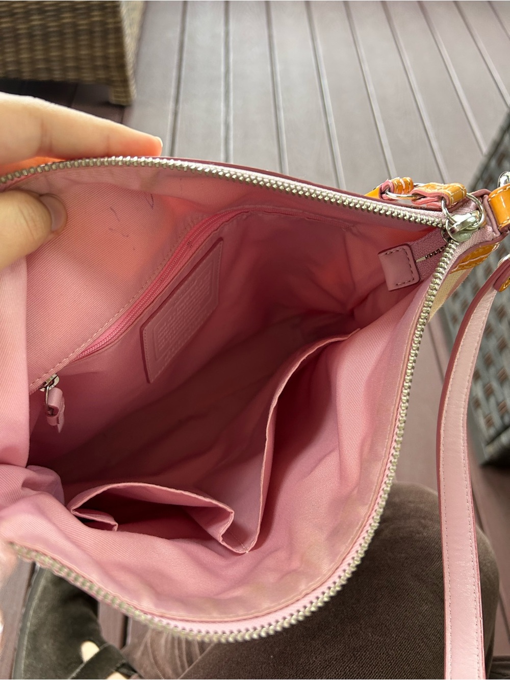 Coach Pink & Beige Signature Canvas Shoulder Bag with Tan Trim - Picture 6 of 7